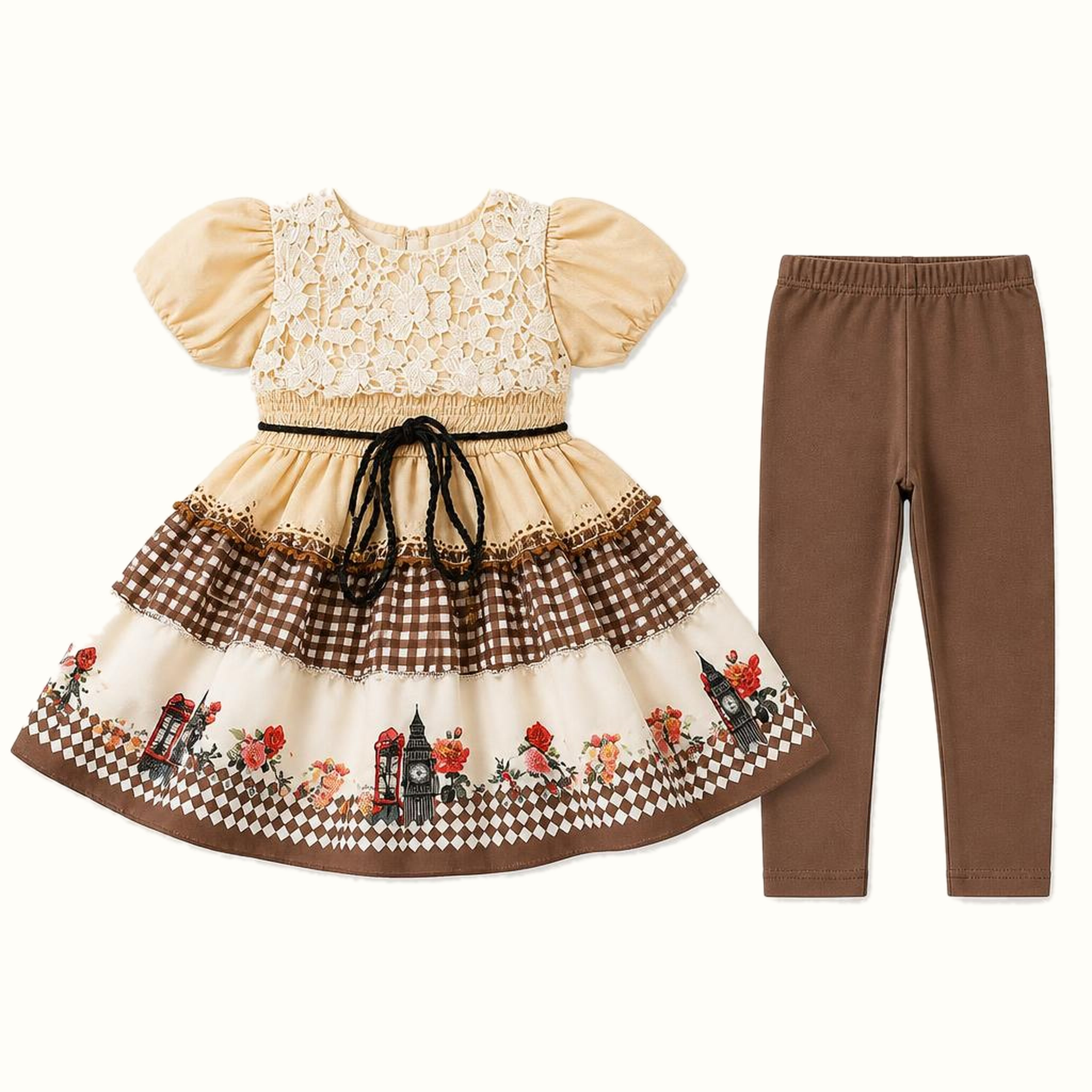 Girls' Lace-Panel Landmark-Print Dress & Matching Leggings Set - ZAH-1221