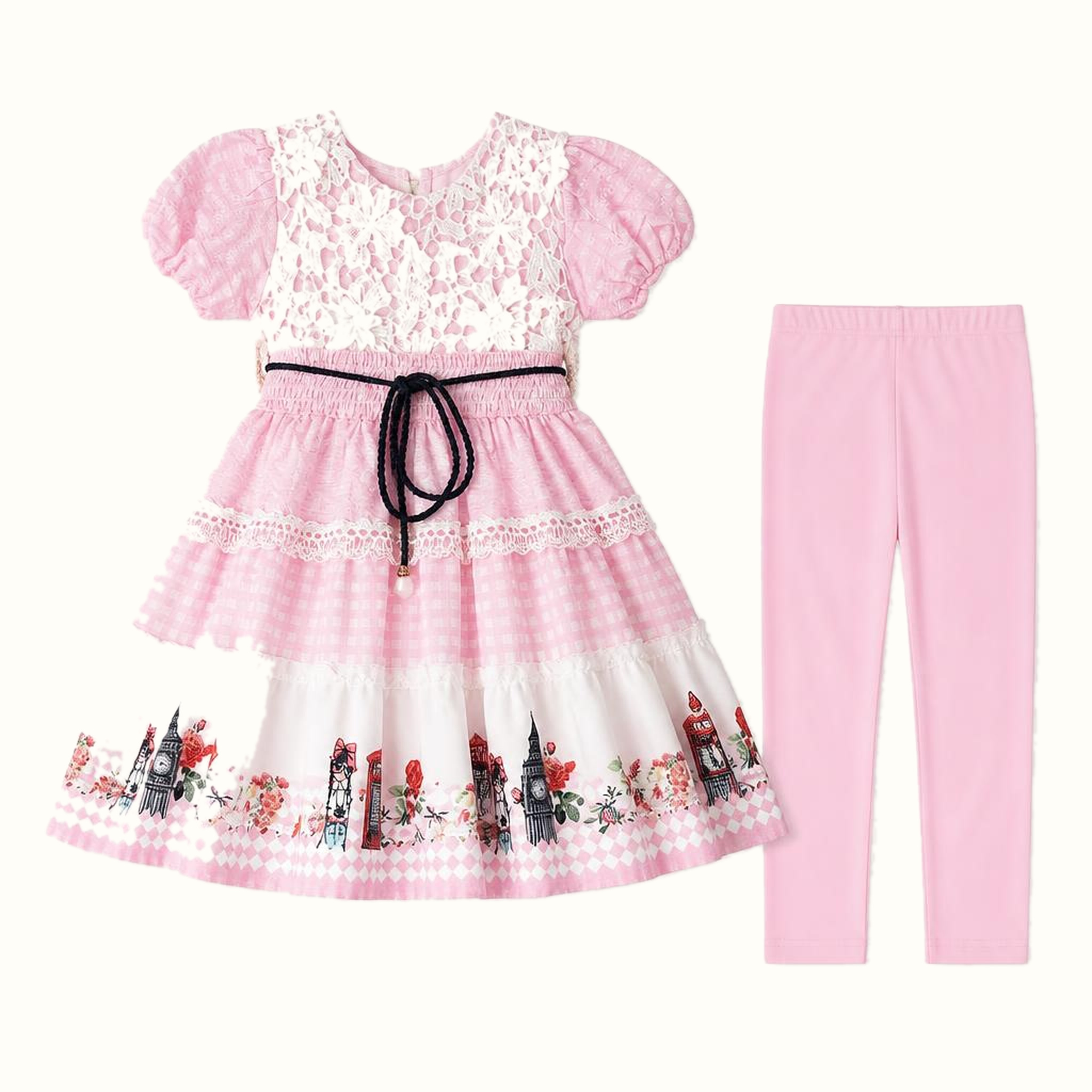 Girls' Lace-Panel Landmark-Print Dress & Matching Leggings Set - ZAH-1221