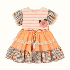 Girls' Striped Gingham Floral Tiered Dress - ZAH-1222
