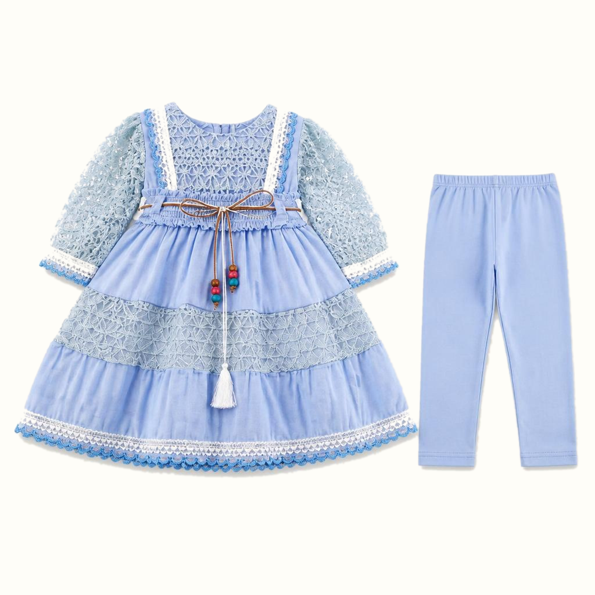 Girls' Openwork-Lace Tiered Dress & Matching Leggings Set - ZAH-1226