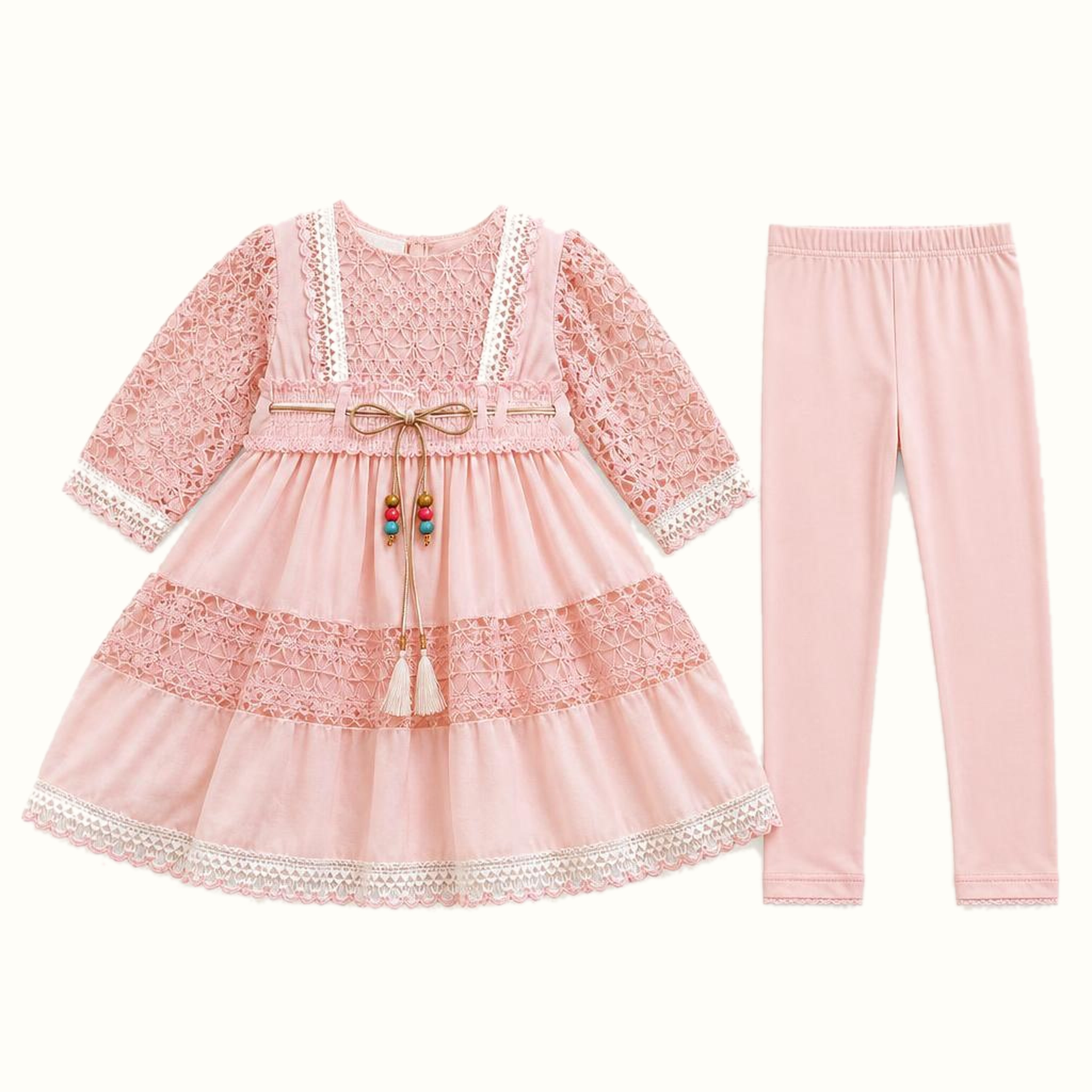 Girls' Openwork-Lace Tiered Dress & Matching Leggings Set - ZAH-1226