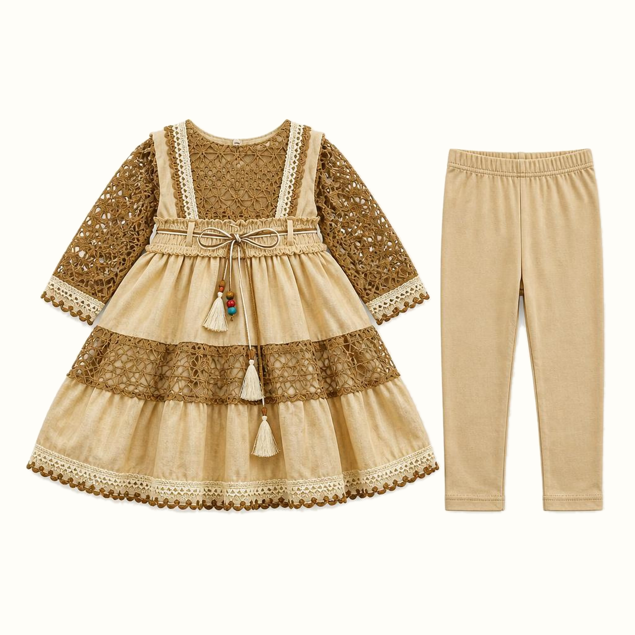 Girls' Openwork-Lace Tiered Dress & Matching Leggings Set - ZAH-1226