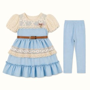 Girls' Lace-Cape Ruffle Dress & Matching Leggings Set - ZAH-1227