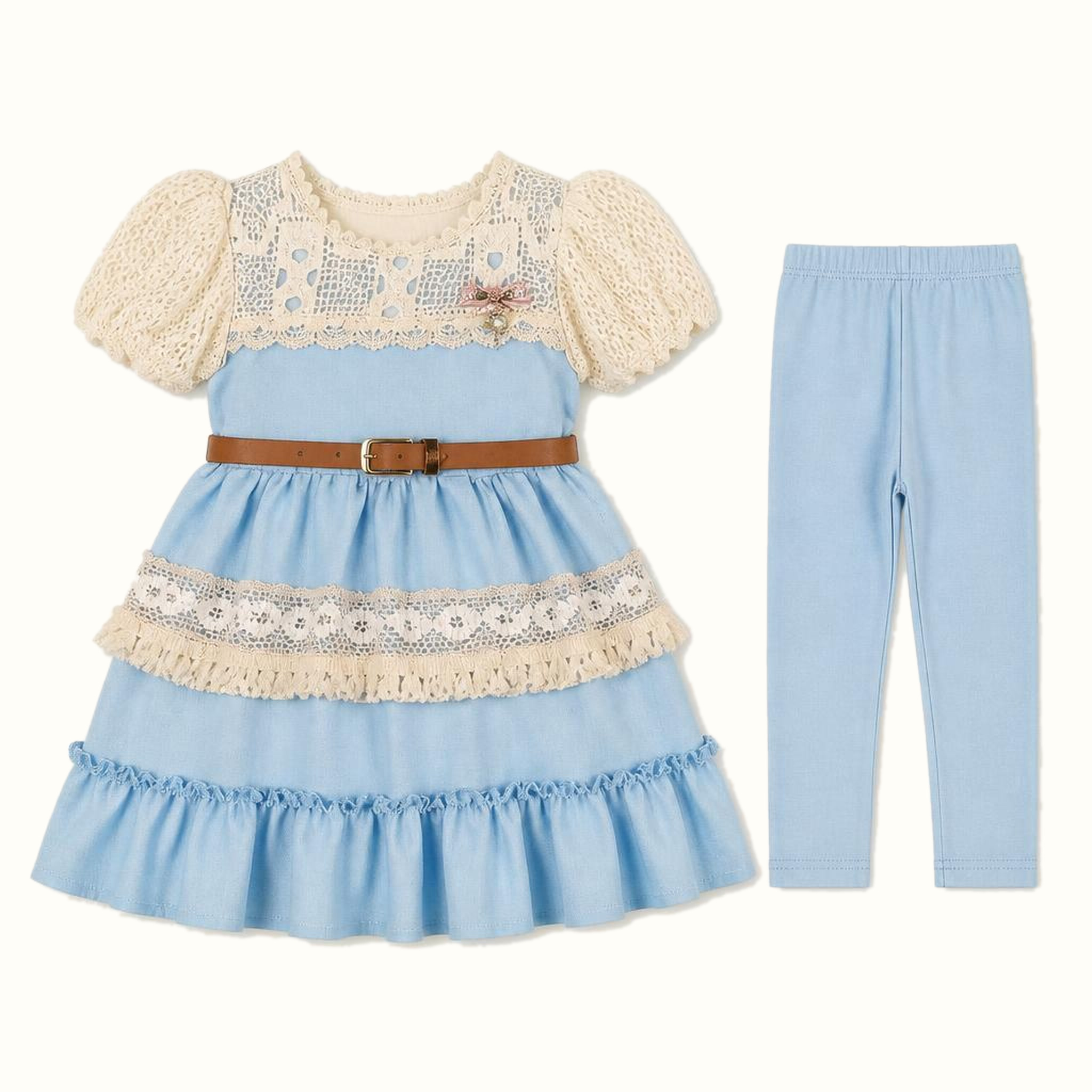 Girls' Lace-Cape Ruffle Dress & Matching Leggings Set - ZAH-1227