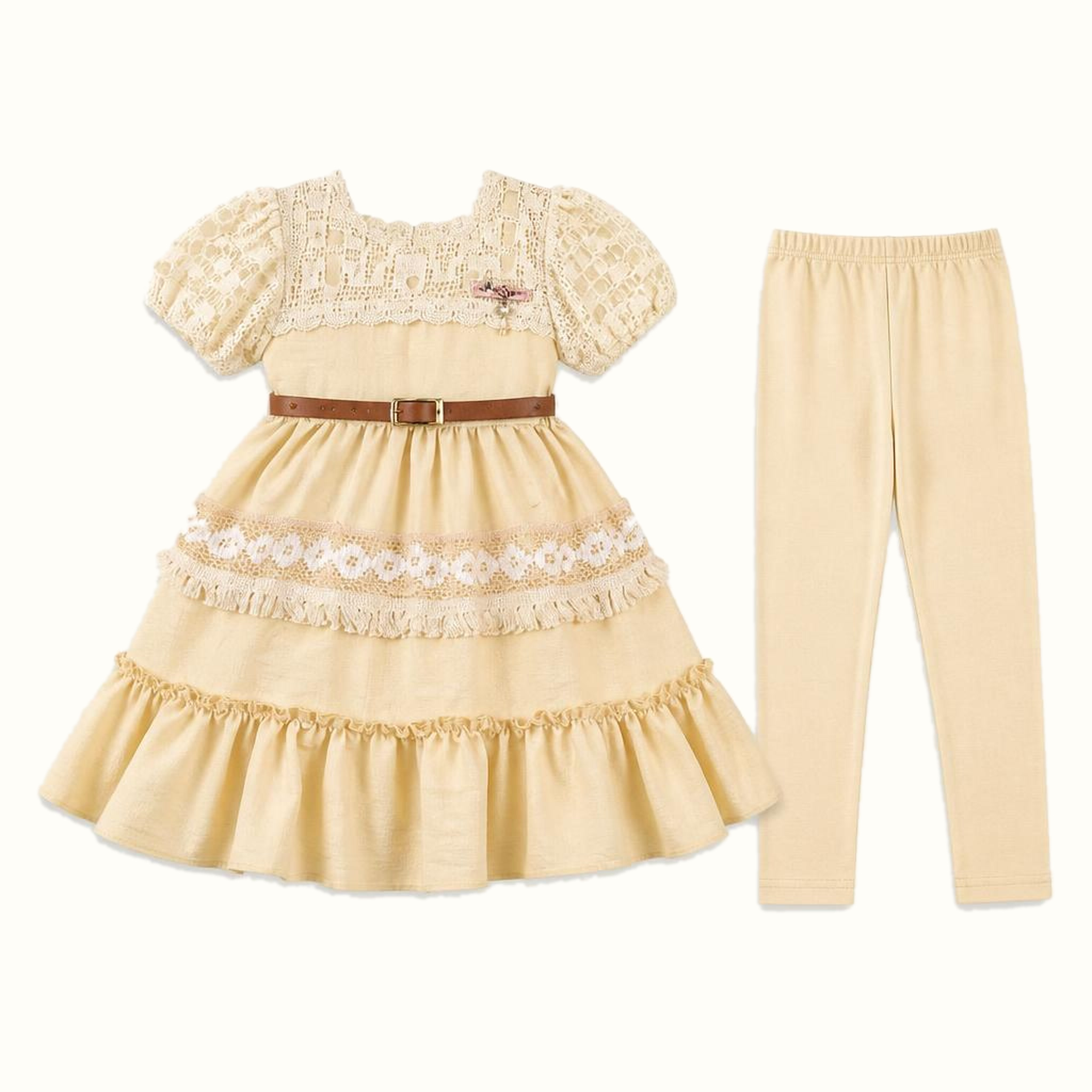 Girls' Lace-Cape Ruffle Dress & Matching Leggings Set - ZAH-1227