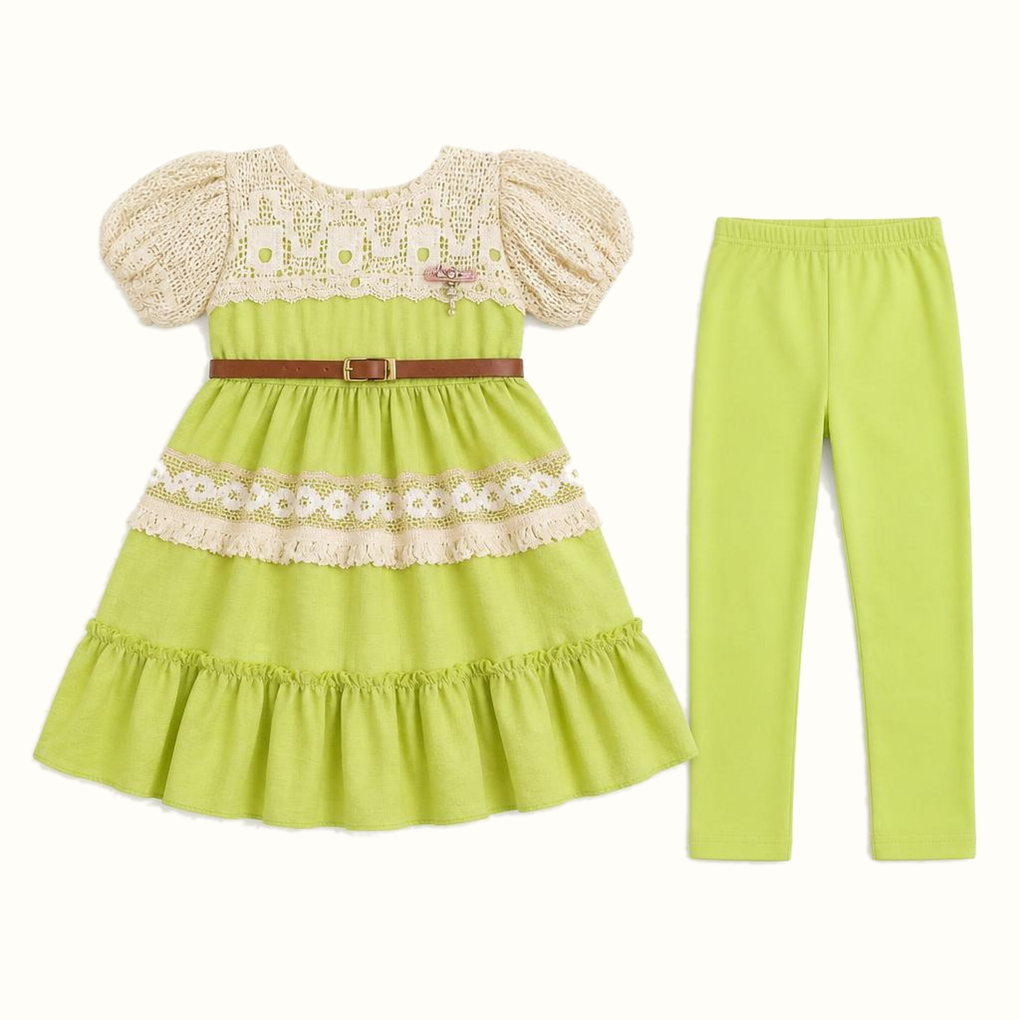 Girls' Lace-Cape Ruffle Dress & Matching Leggings Set - ZAH-1227