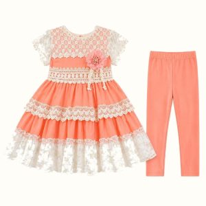 Girls' Floral-Lace Tiered Dress & Matching Leggings Set - ZAH-1228