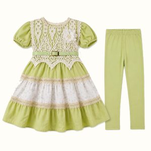 Girls' Crochet-Vest Print-Panel Dress & Matching Leggings Set - ZAH-1229