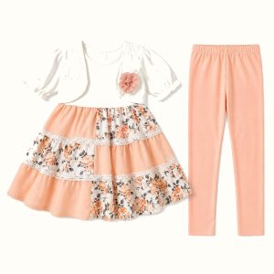 Girls' Cropped-Lace Floral Tiered Dress & Matching Leggings Set - ZAH-1236