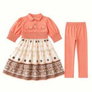 Girls' Collared Smocked-Waist Print Dress & Matching Leggings Set - ZAH-1239