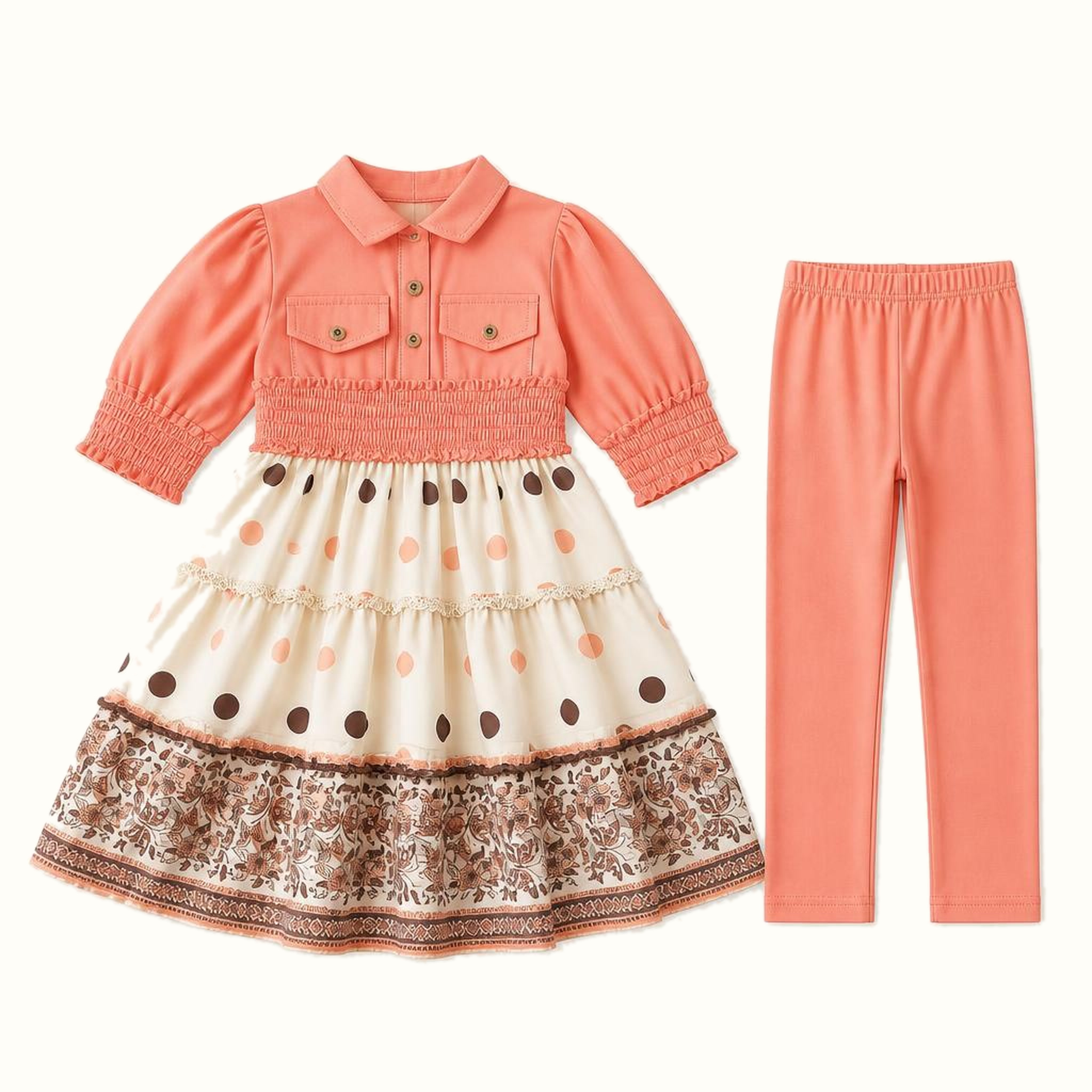 Girls' Collared Smocked-Waist Print Dress & Matching Leggings Set - ZAH-1239