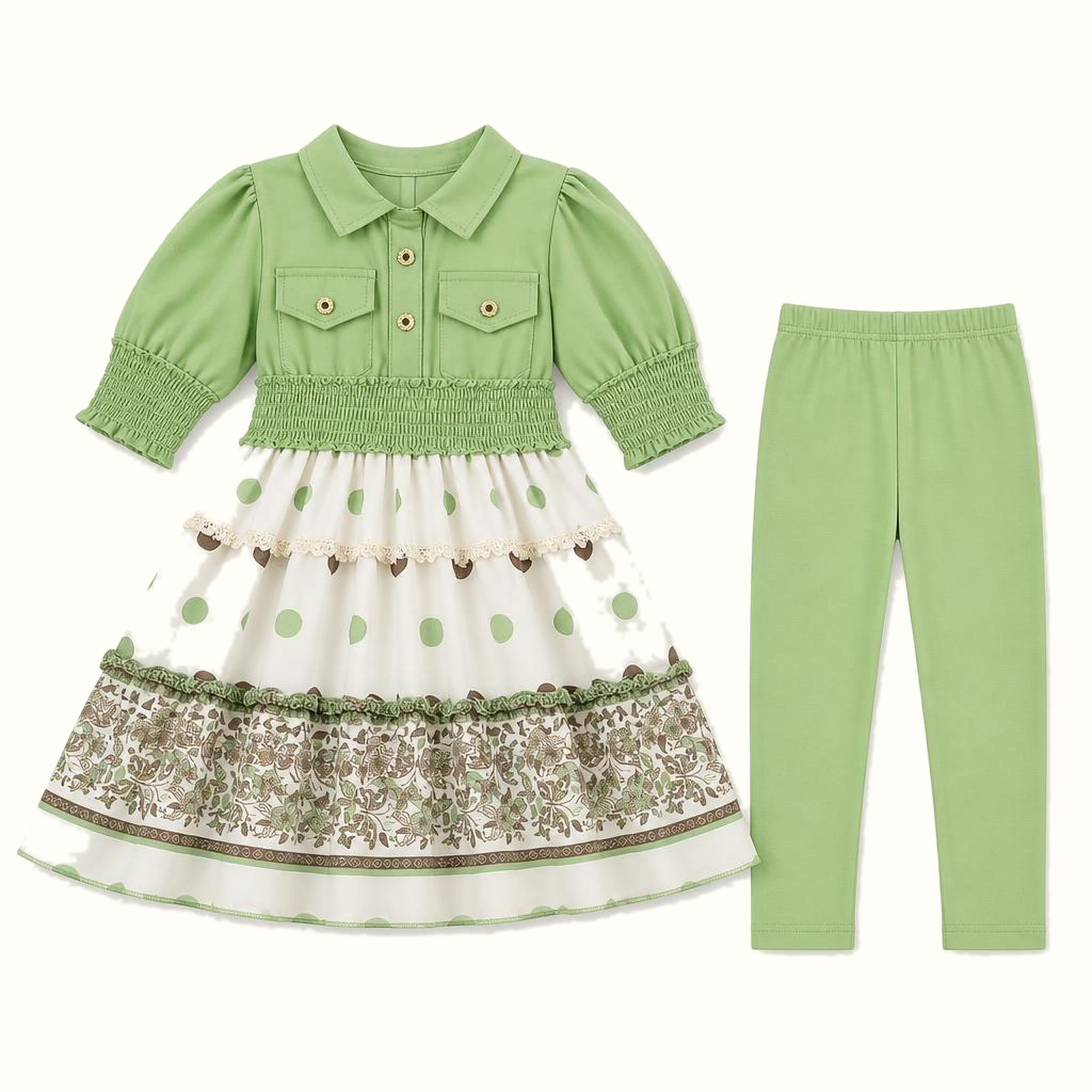 Girls' Collared Smocked-Waist Print Dress & Matching Leggings Set - ZAH-1239