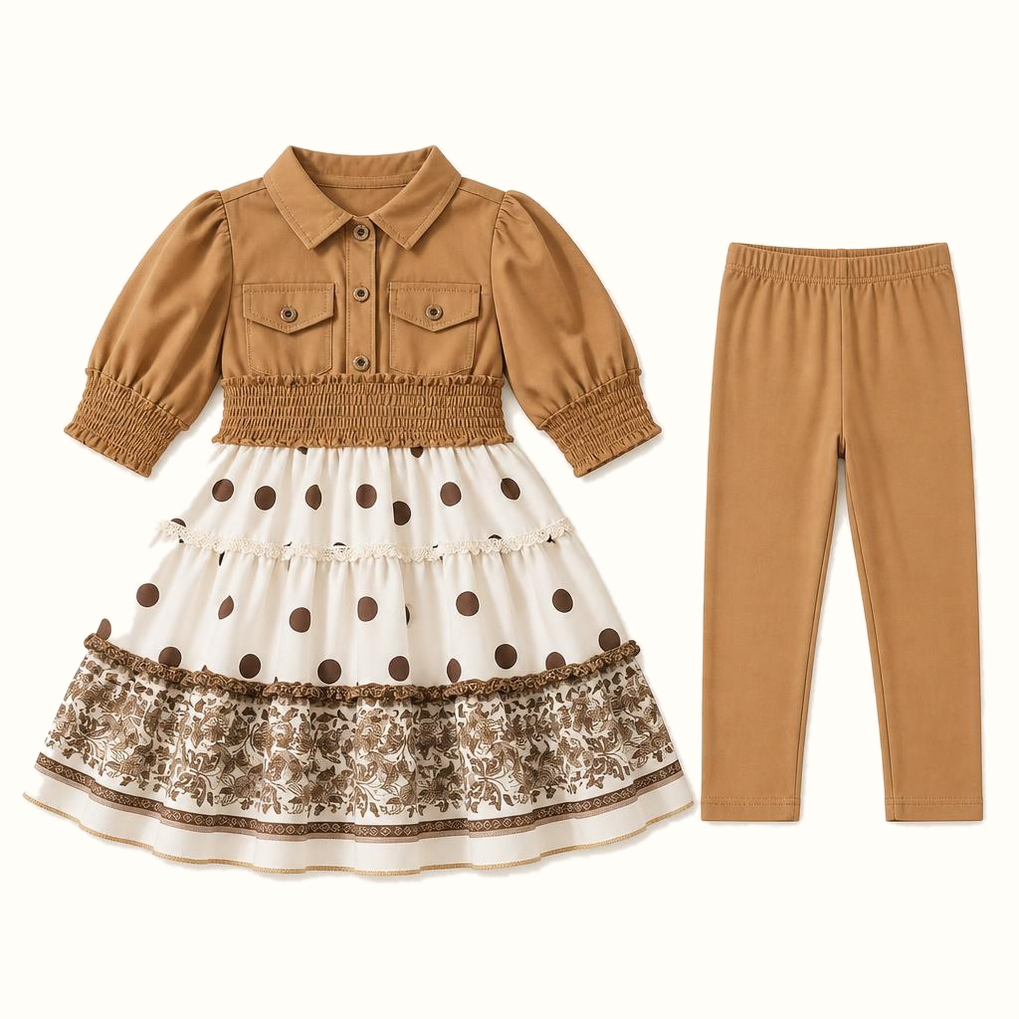 Girls' Collared Smocked-Waist Print Dress & Matching Leggings Set - ZAH-1239