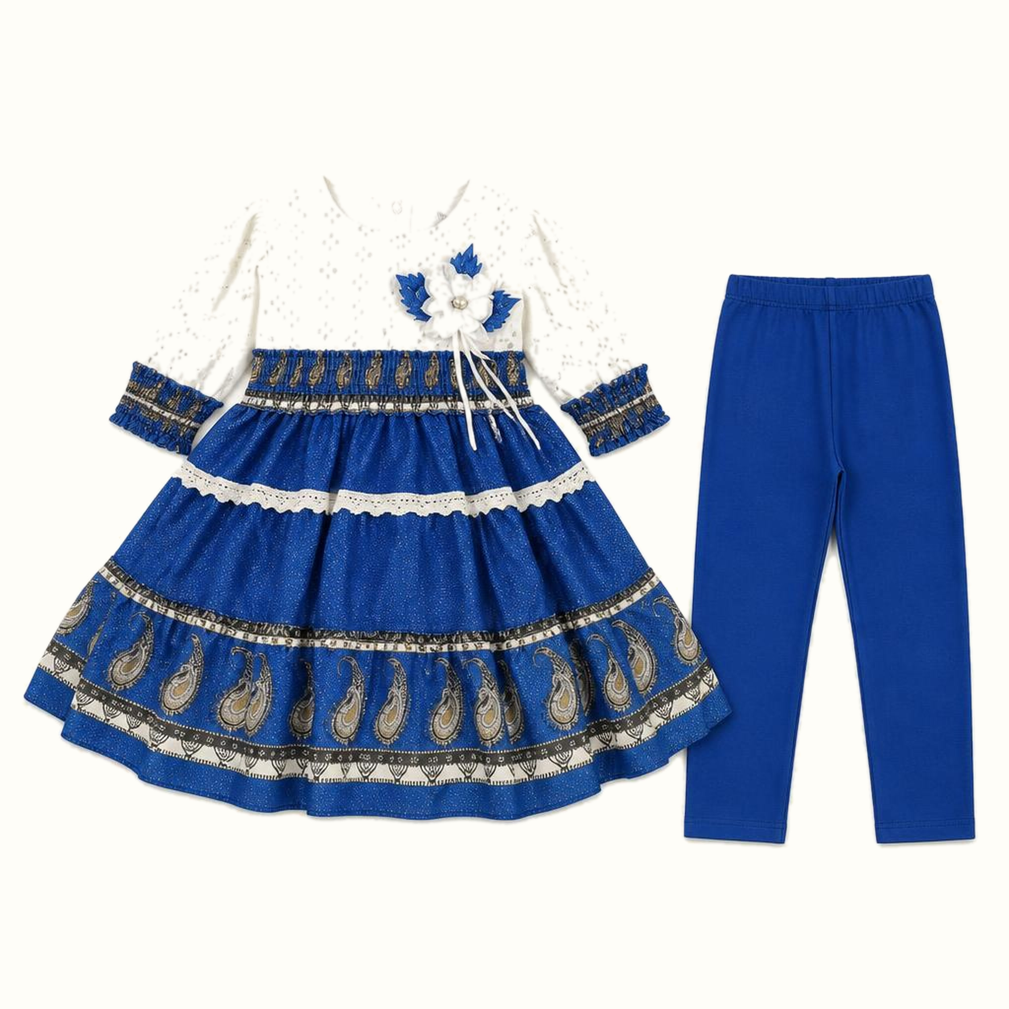 Girls' Eyelet Paisley Tiered Dress & Matching Leggings Set - ZAH-1242