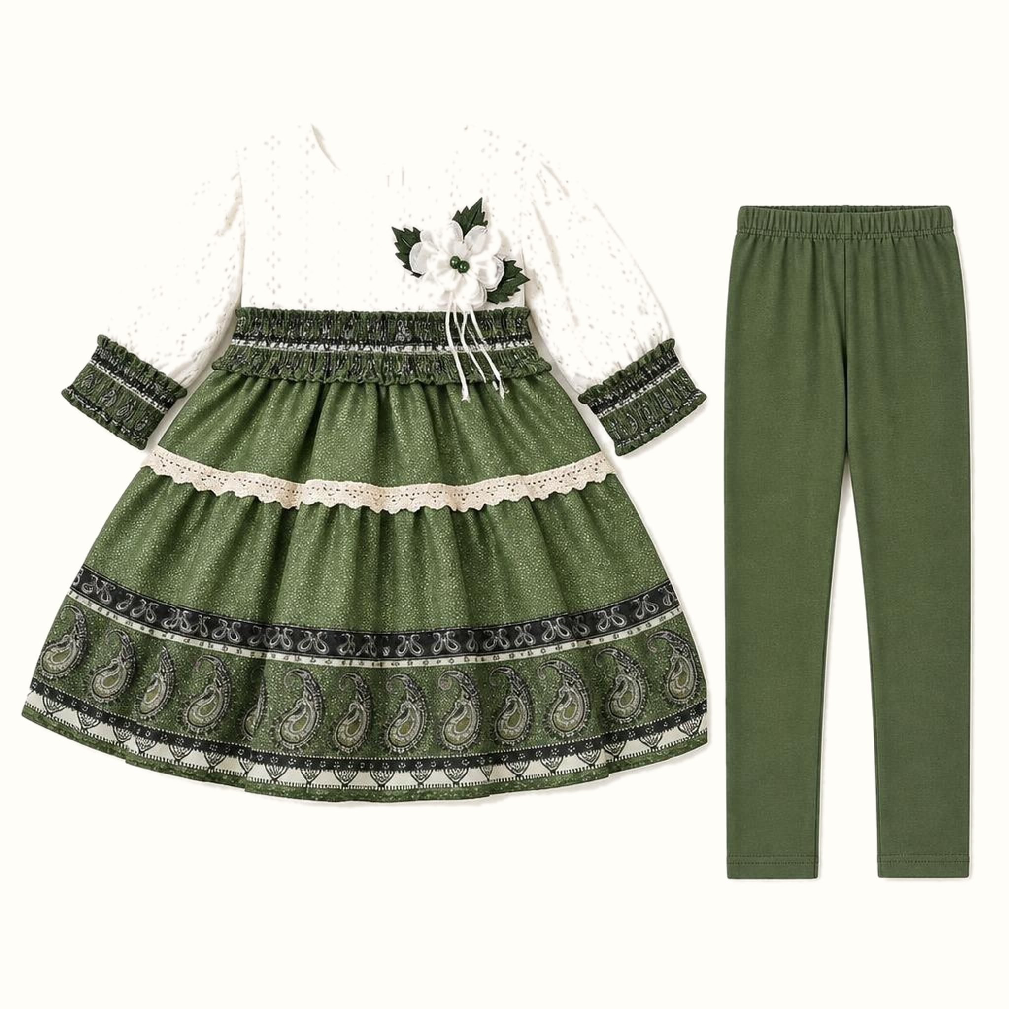Girls' Eyelet Paisley Tiered Dress & Matching Leggings Set - ZAH-1242