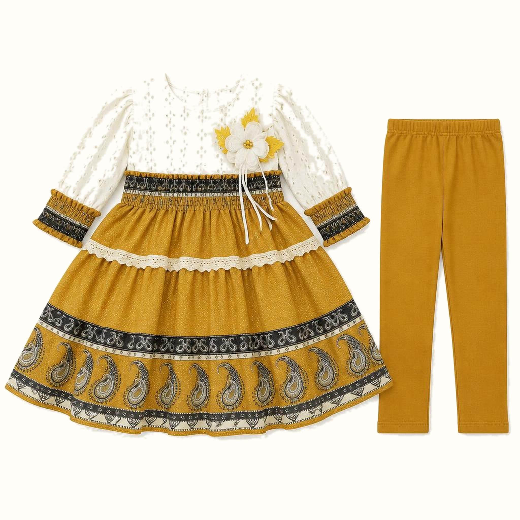 Girls' Eyelet Paisley Tiered Dress & Matching Leggings Set - ZAH-1242