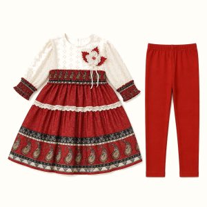 Girls' Eyelet Paisley Tiered Dress & Matching Leggings Set - ZAH-1242