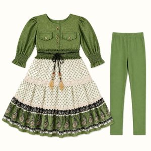 Girls' Pocket-Bodice Ethnic-Print Maxi Dress & Matching Leggings Set - ZAH-1243