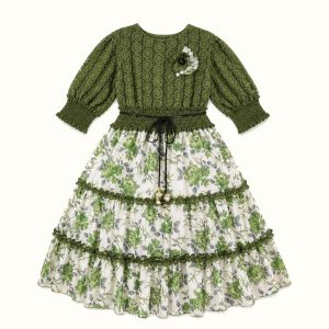 Girls' Lace-Bodice Floral Long Tiered Dress - ZAH-1259
