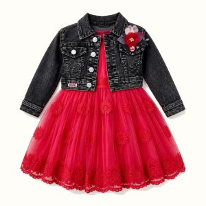 Girls' Denim Jacket and Embroidered Tulle Dress Set - ZAH-1267