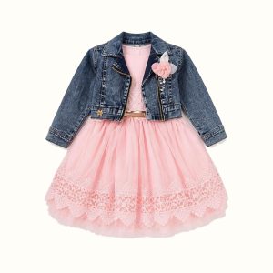 Girls' Denim Jacket and Cutwork-Lace Tulle Dress Set - ZAH-1273