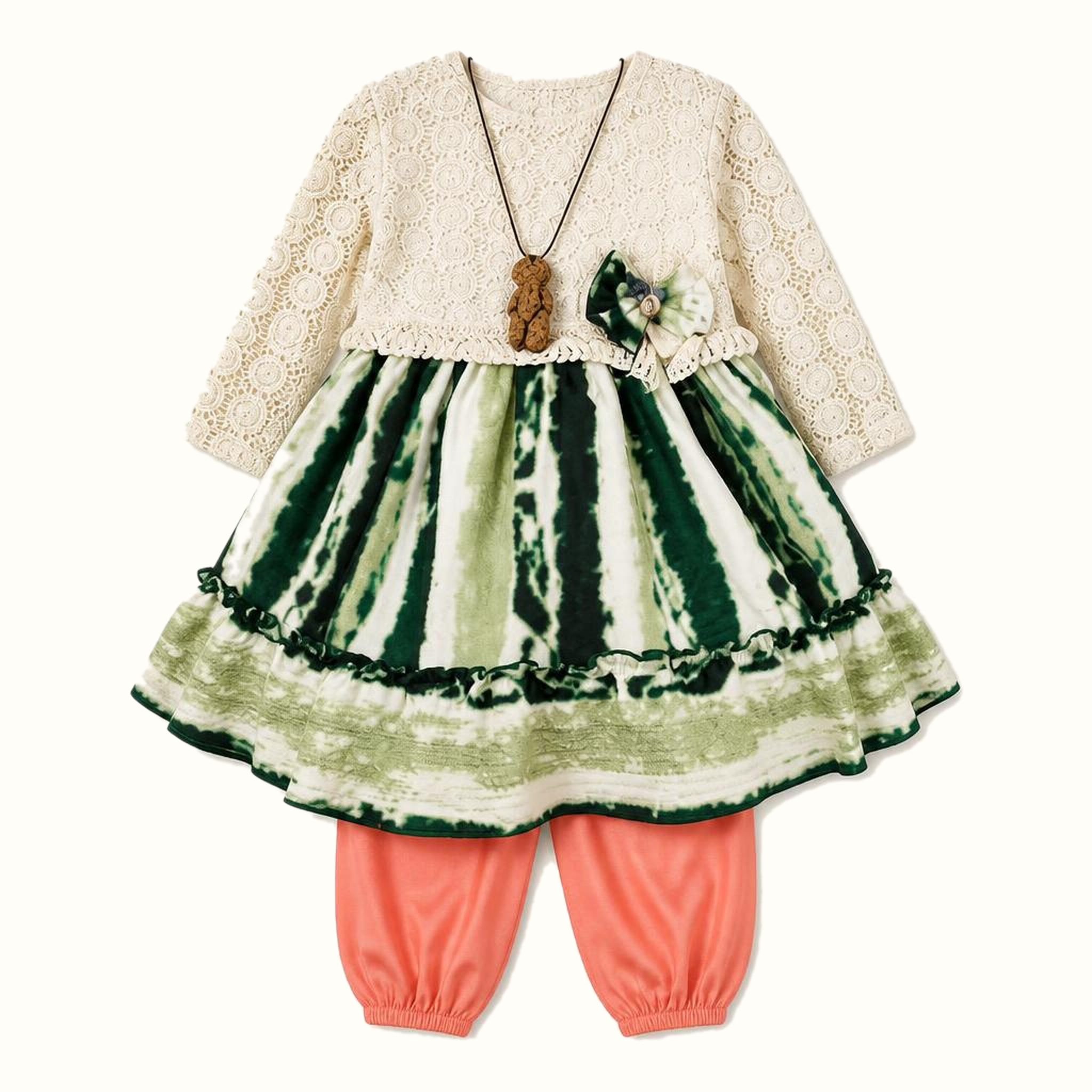 Girls' Lace-Trim Bow-Detail Striped Dress - ZAH-1304