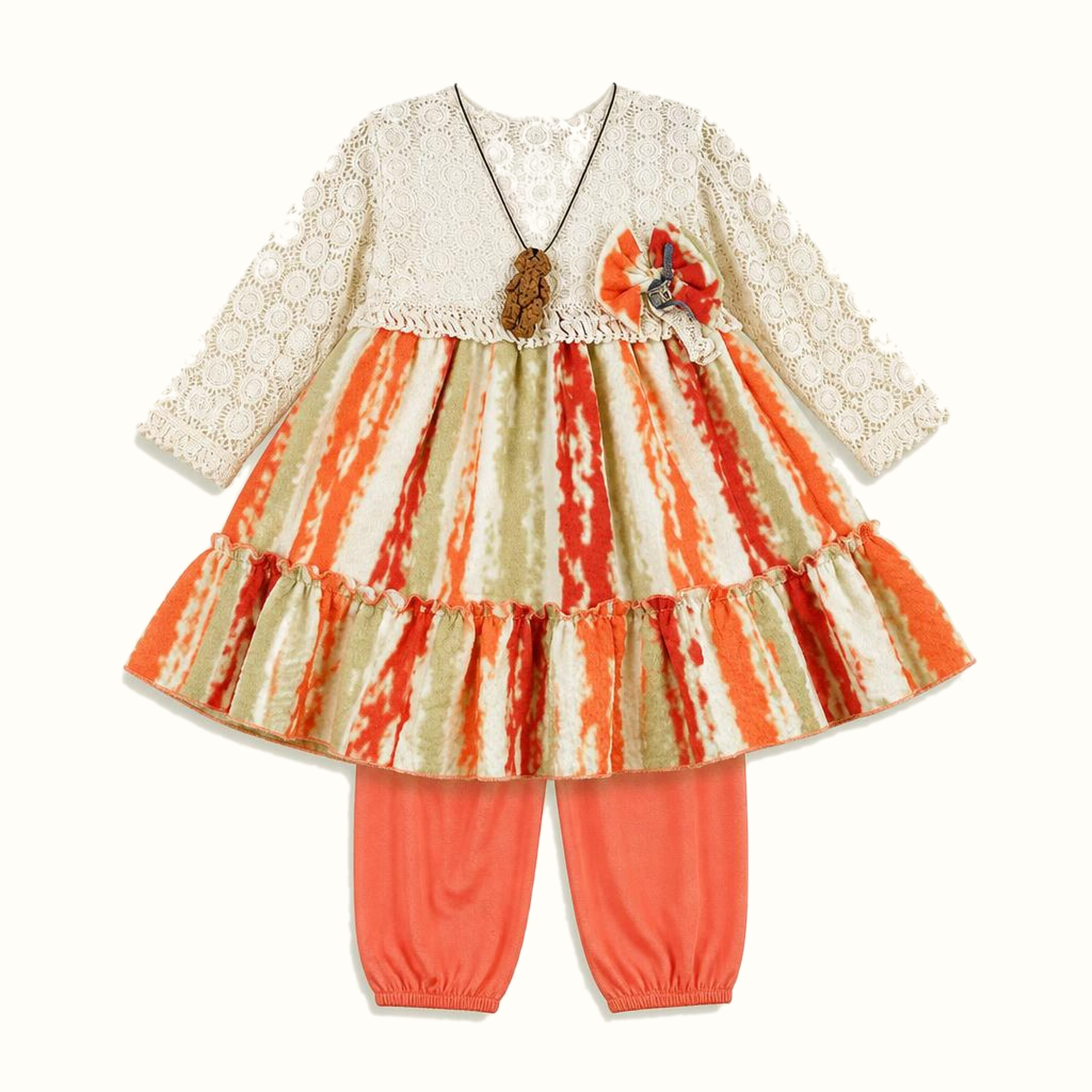 Girls' Lace-Trim Bow-Detail Striped Dress - ZAH-1304