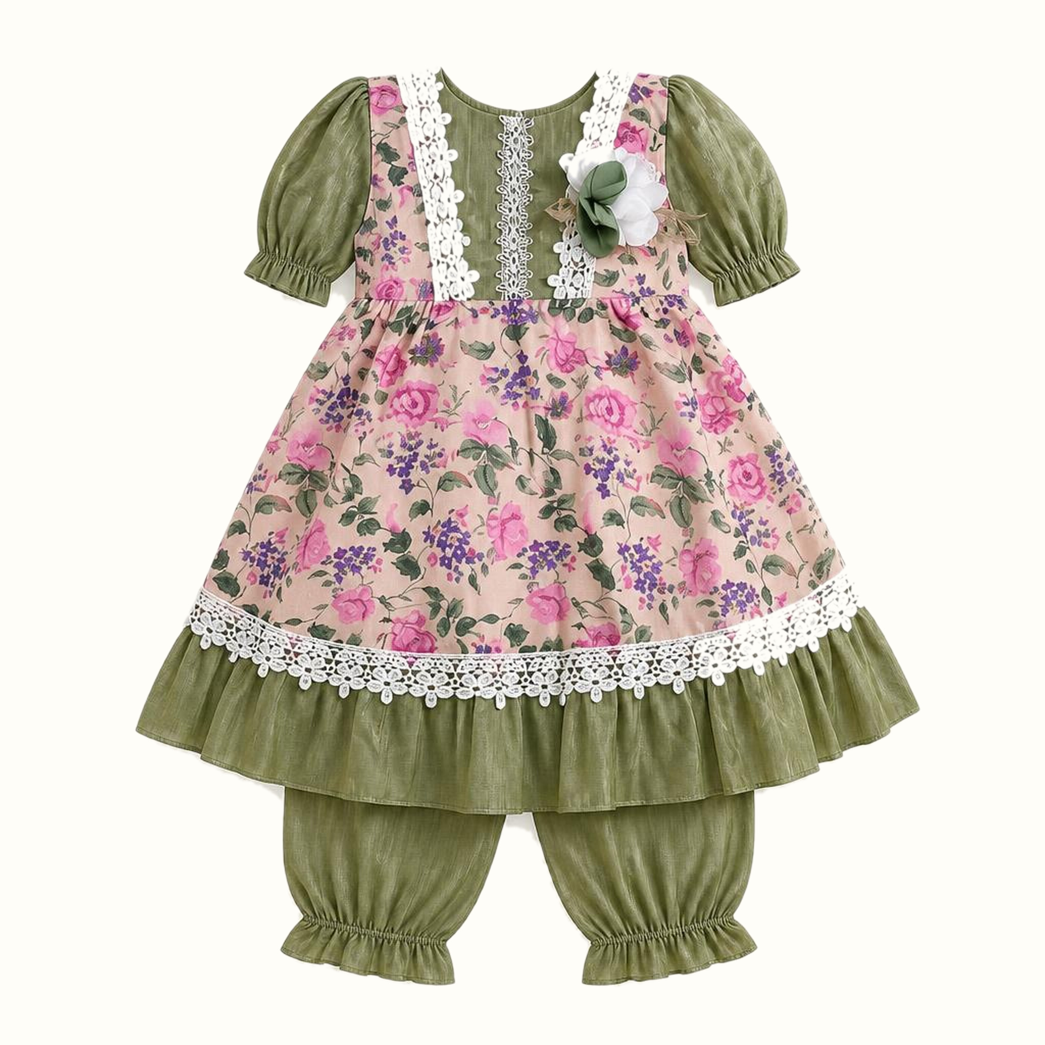 Girls' Floral Lace-Trim Ruffle Dress - ZAH-1308