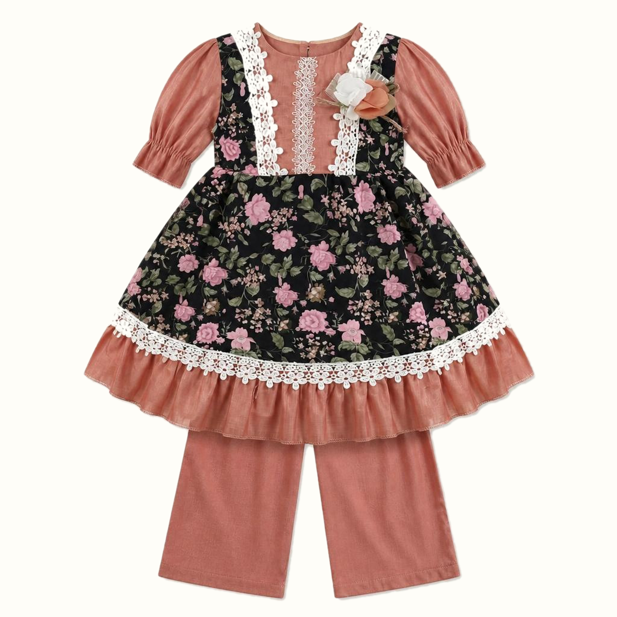 Girls' Floral Lace-Trim Ruffle Dress - ZAH-1308