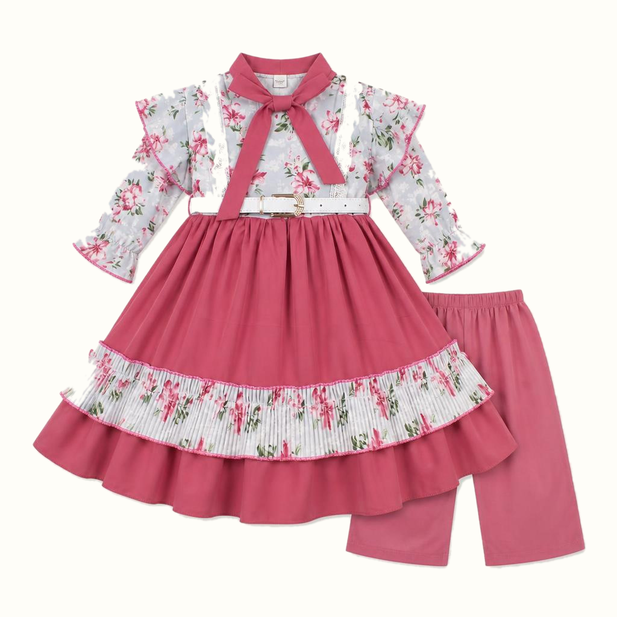 Girls' Floral Bow-Detail Dress Set - ZAH-1321