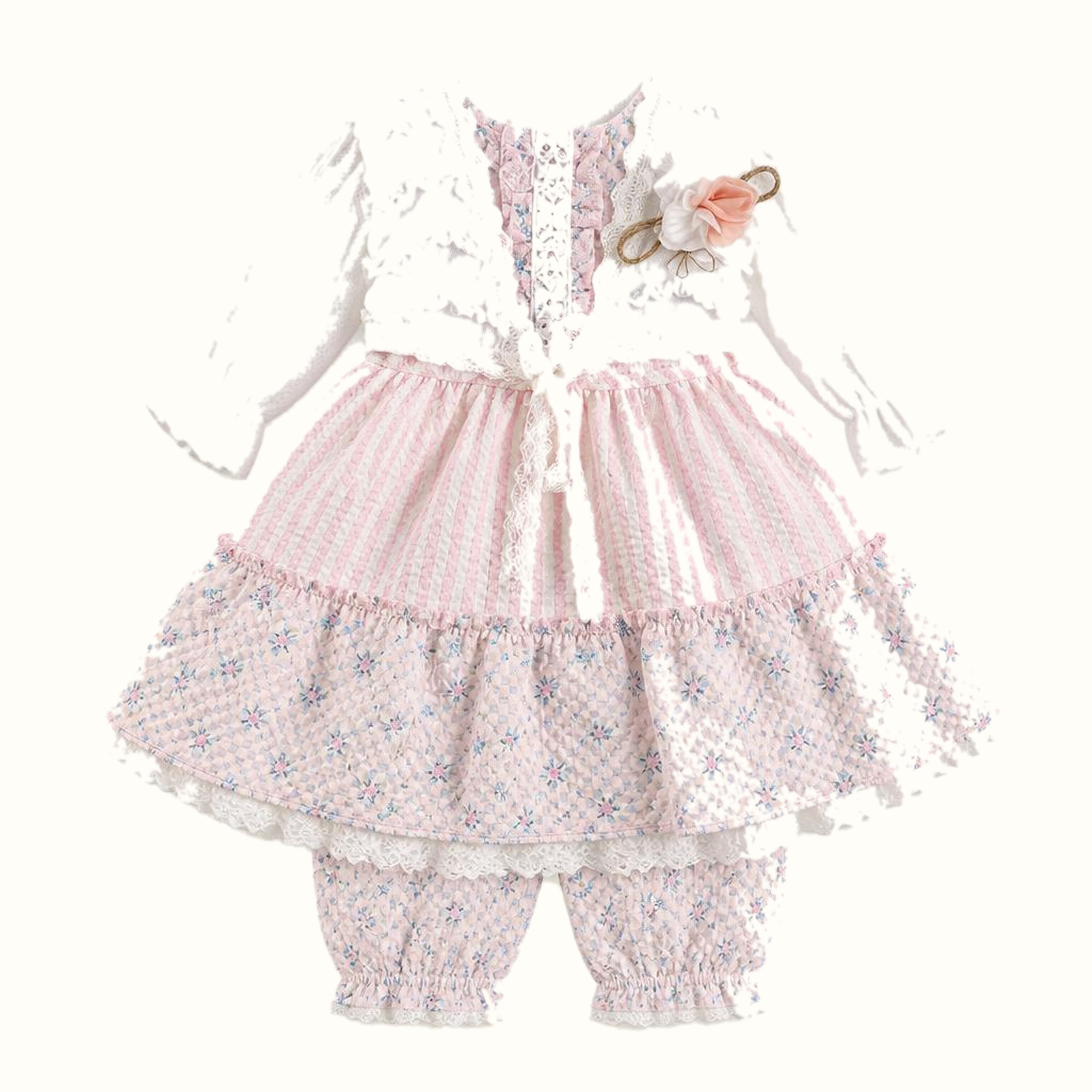 Girls' Floral Lace-Trim Striped Dress - ZAH-1326