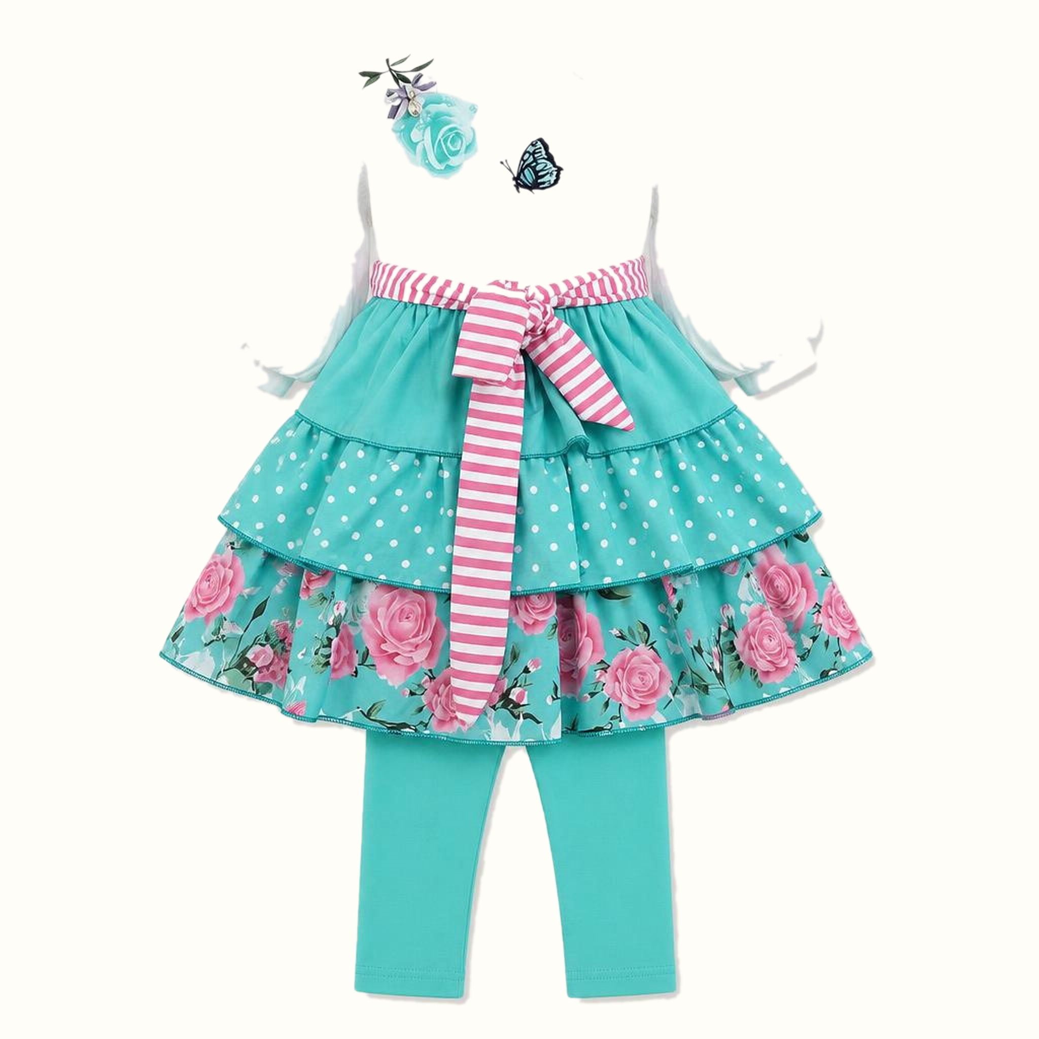 Girls' Embroidered Floral Polka-Dot Dress Set - ZAH-1332