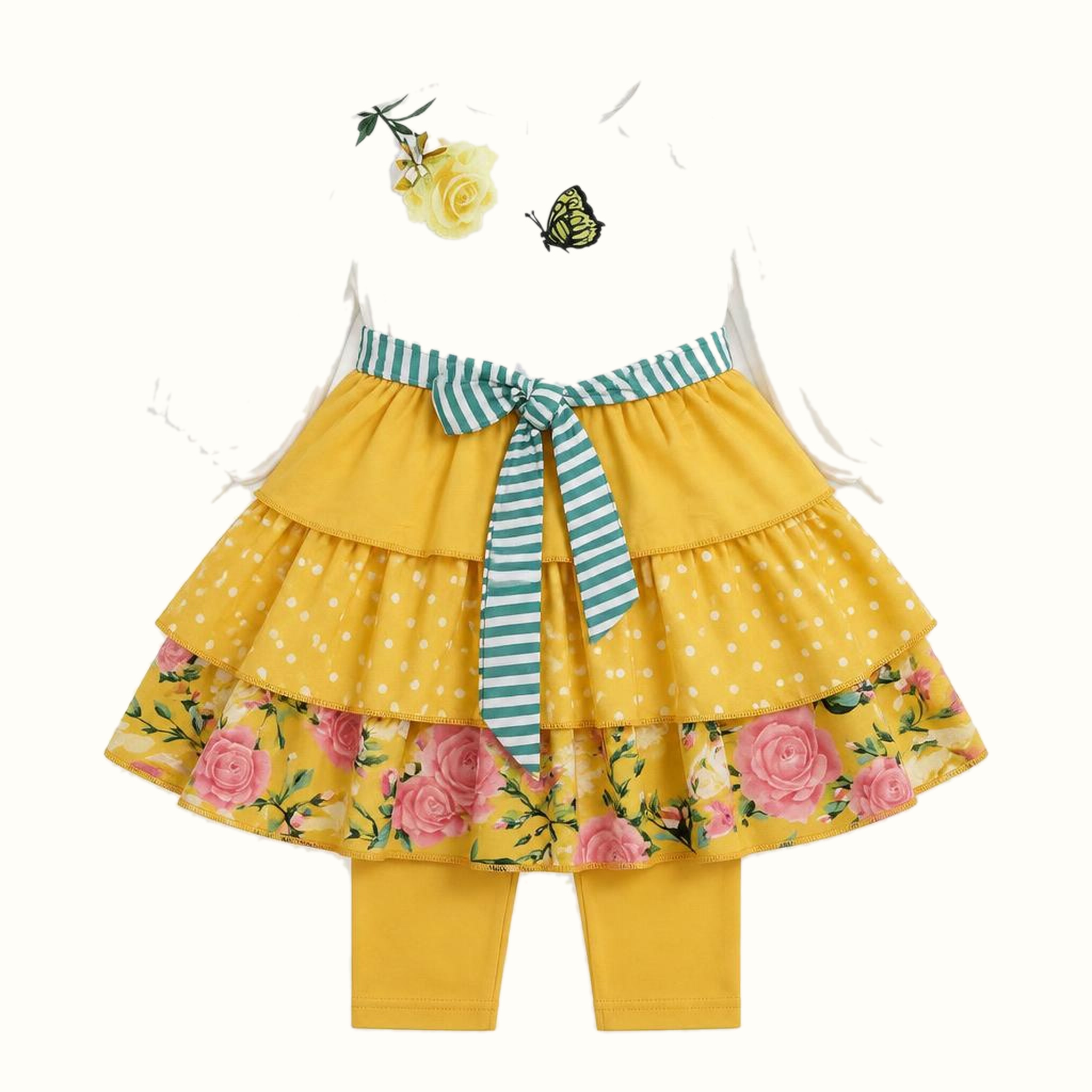 Girls' Embroidered Floral Polka-Dot Dress Set - ZAH-1332