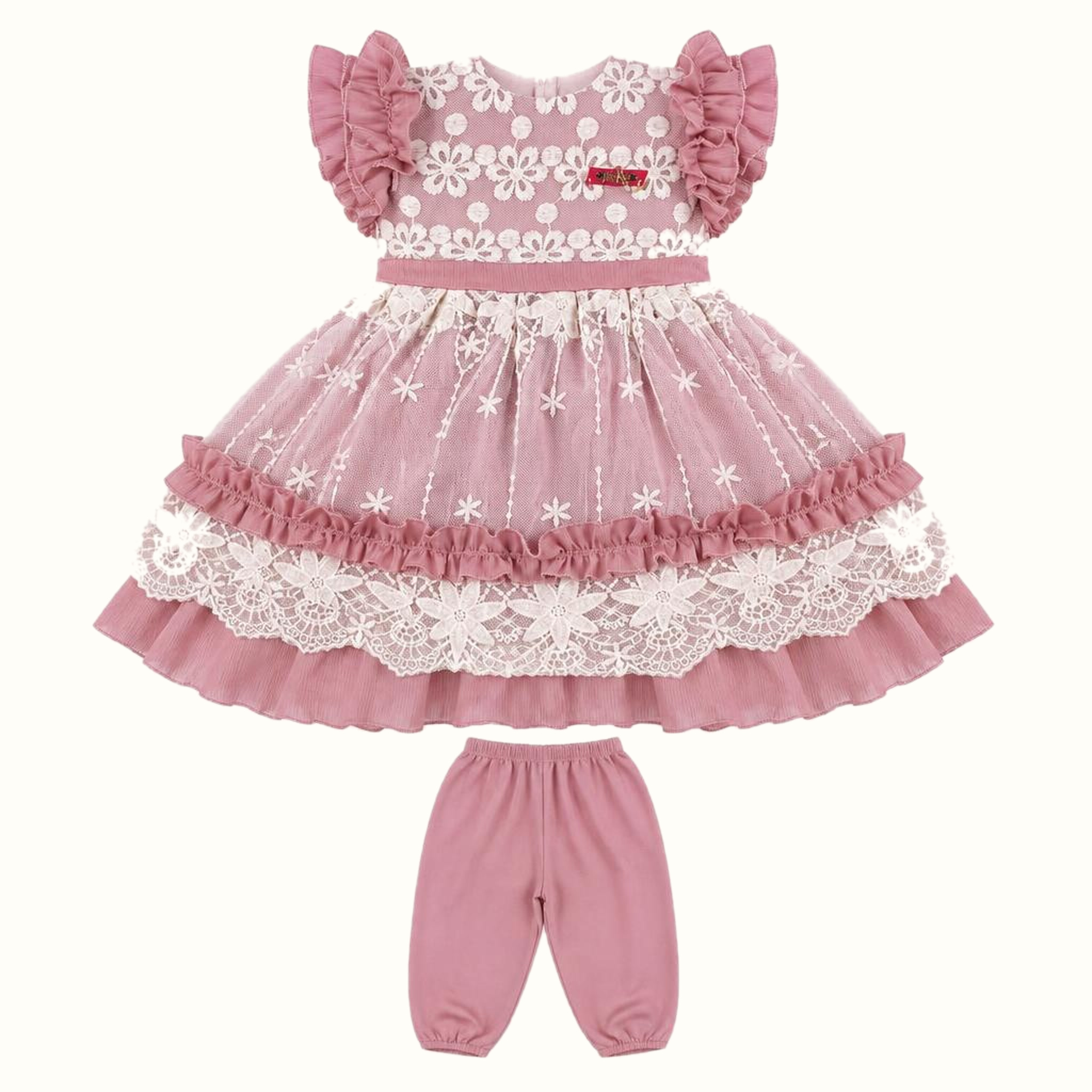 Girls' Floral Lace-Trim Ruffle Dress & Leggings Set - ZAH-1363