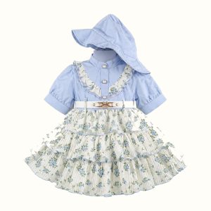 Girls' Floral Ruffle Dress & Matching Hat Set - ZAH-1384
