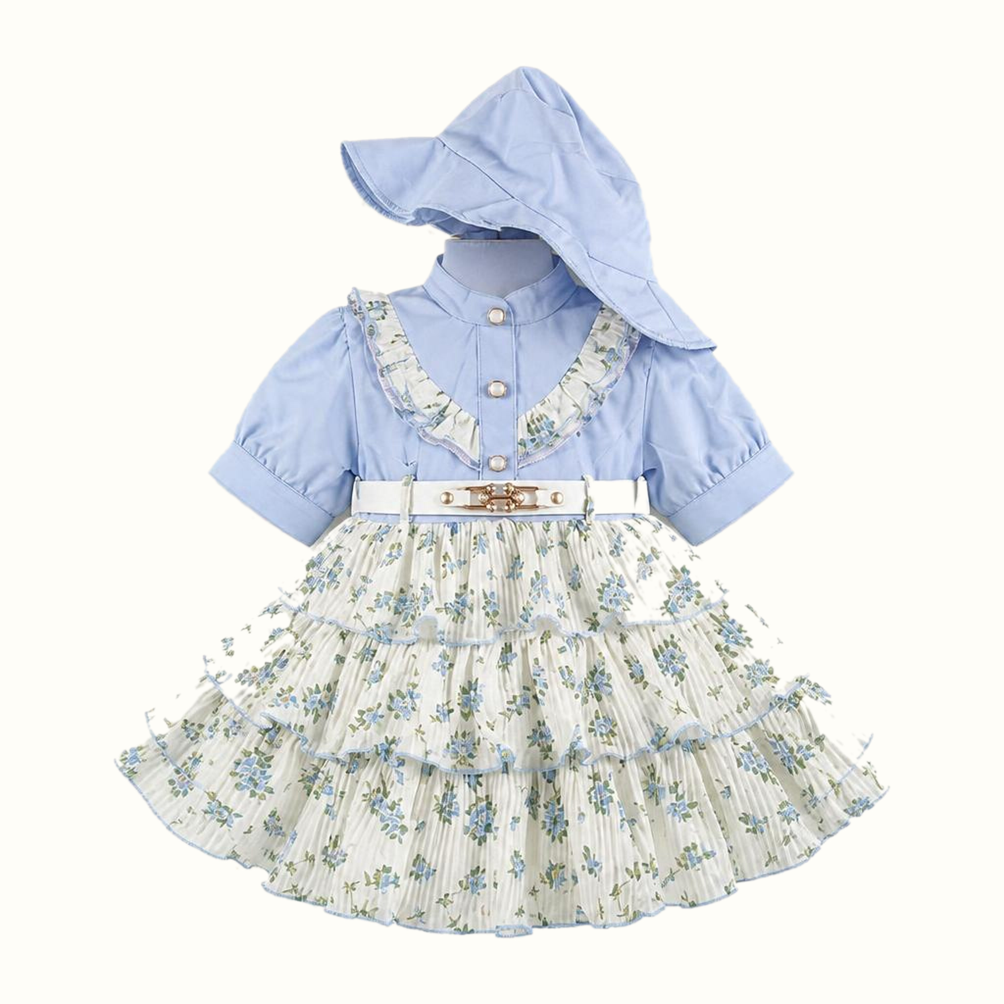 Girls' Floral Ruffle Dress & Matching Hat Set - ZAH-1384