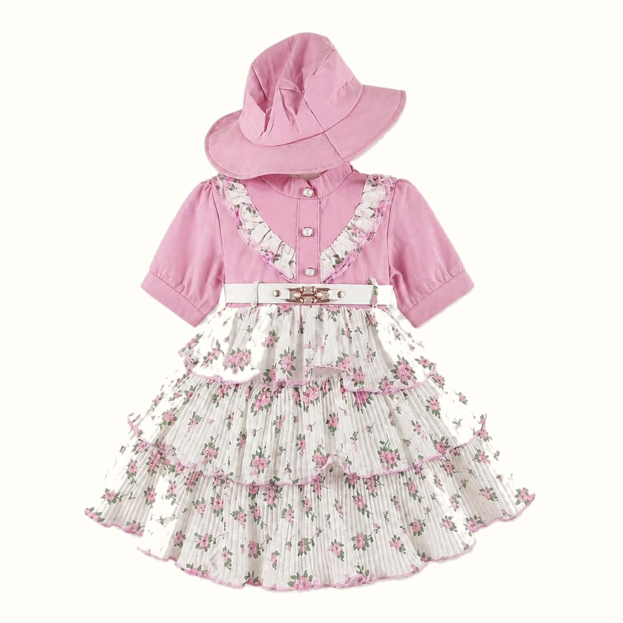 Girls' Floral Ruffle Dress & Matching Hat Set - ZAH-1384
