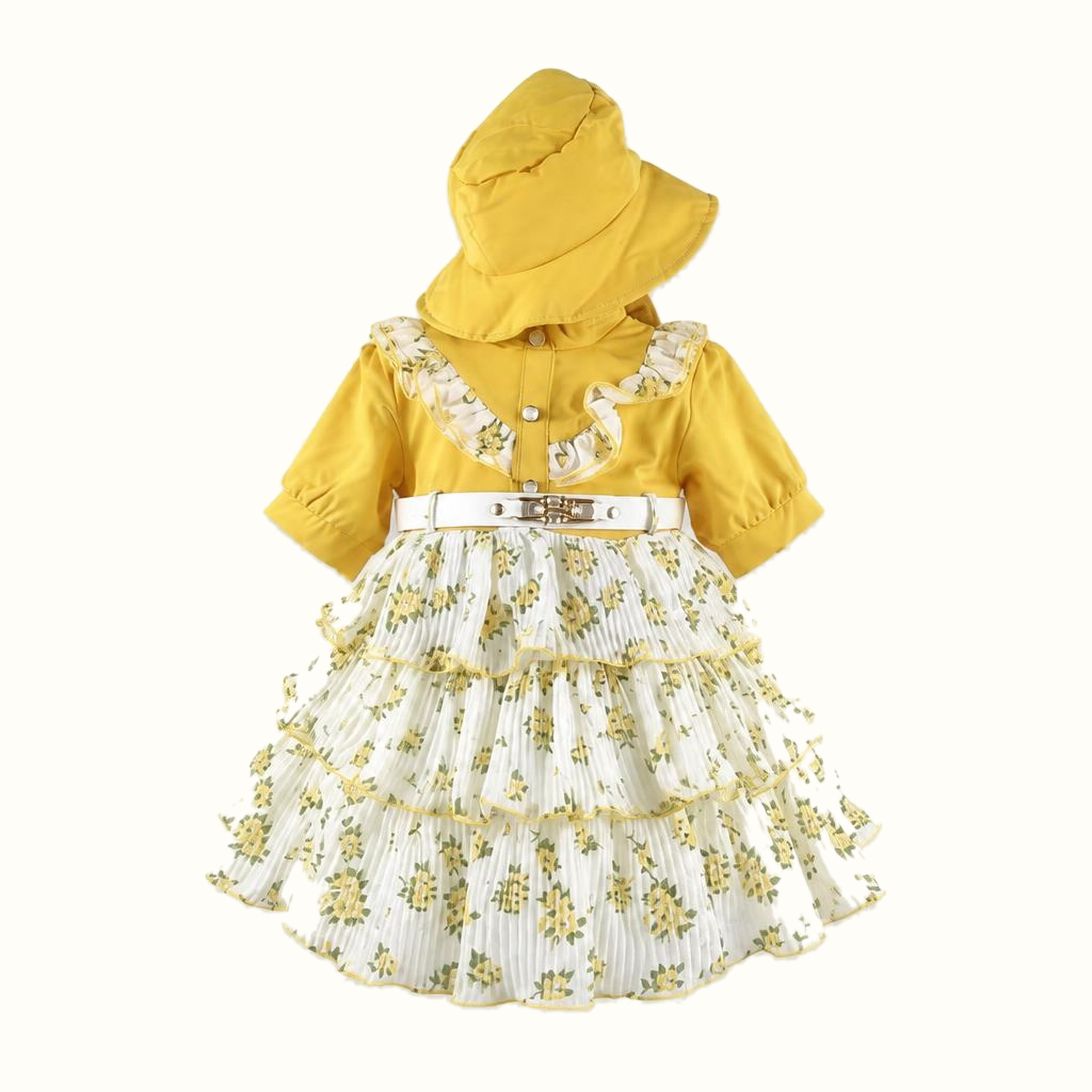 Girls' Floral Ruffle Dress & Matching Hat Set - ZAH-1384