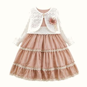 Girls' Lace Cardigan and Tiered Formal Dress Set - ZAH1203A