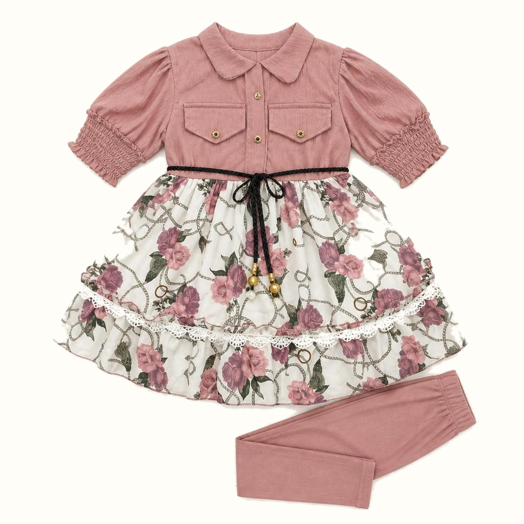 Girls' Collared Bodice Floral Tiered Dress Set - ZAH1206