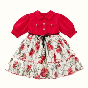Girls' Collared Bodice Floral Tiered Dress Set - ZAH1206