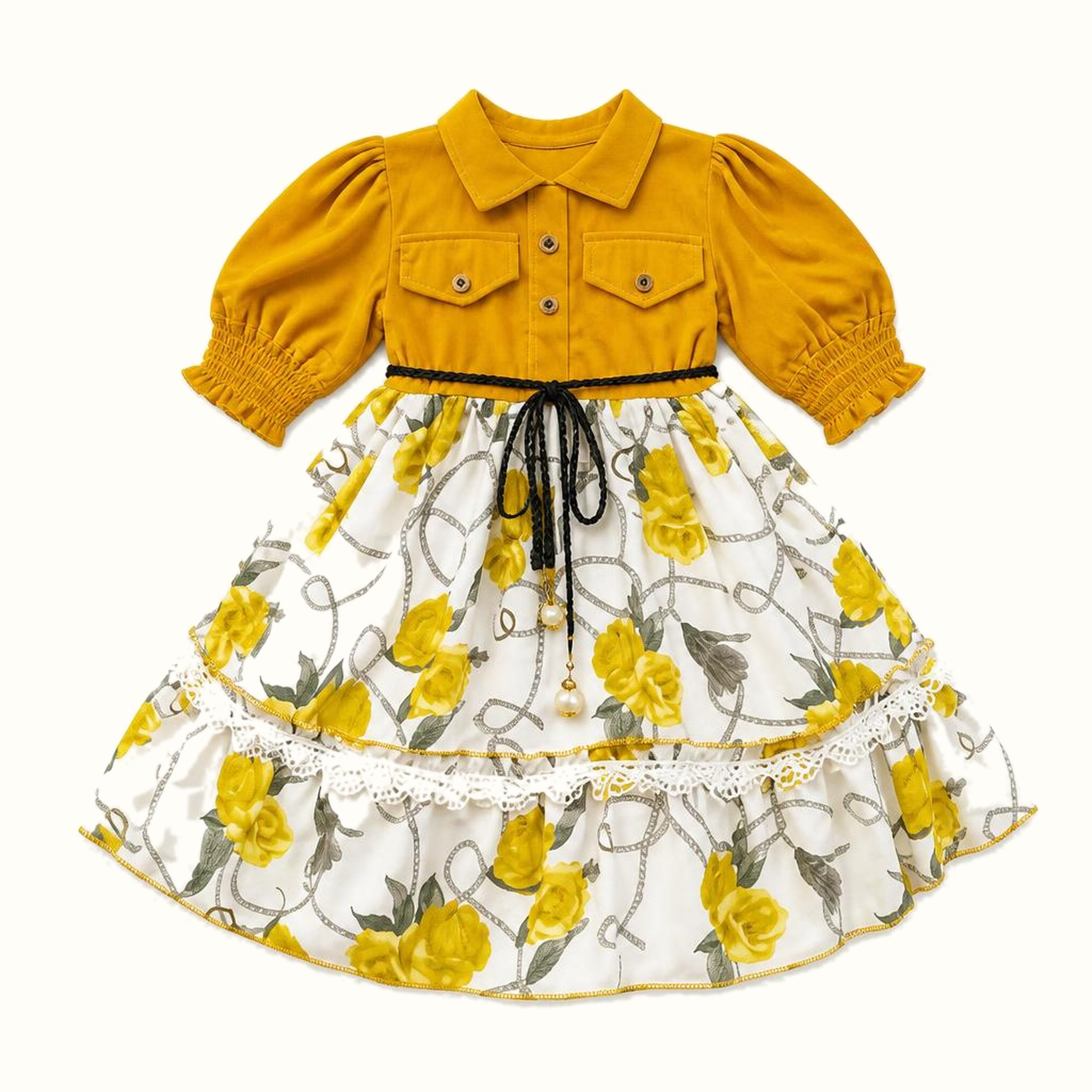 Girls' Collared Bodice Floral Tiered Dress Set - ZAH1206