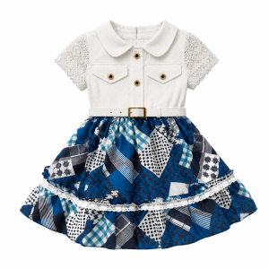 Girls' Patchwork Tiered Dress with White Collared Bodice - ZAH1209