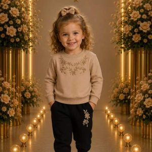 Girls' Beige Bow Graphic Sweatshirt & Jogger Set