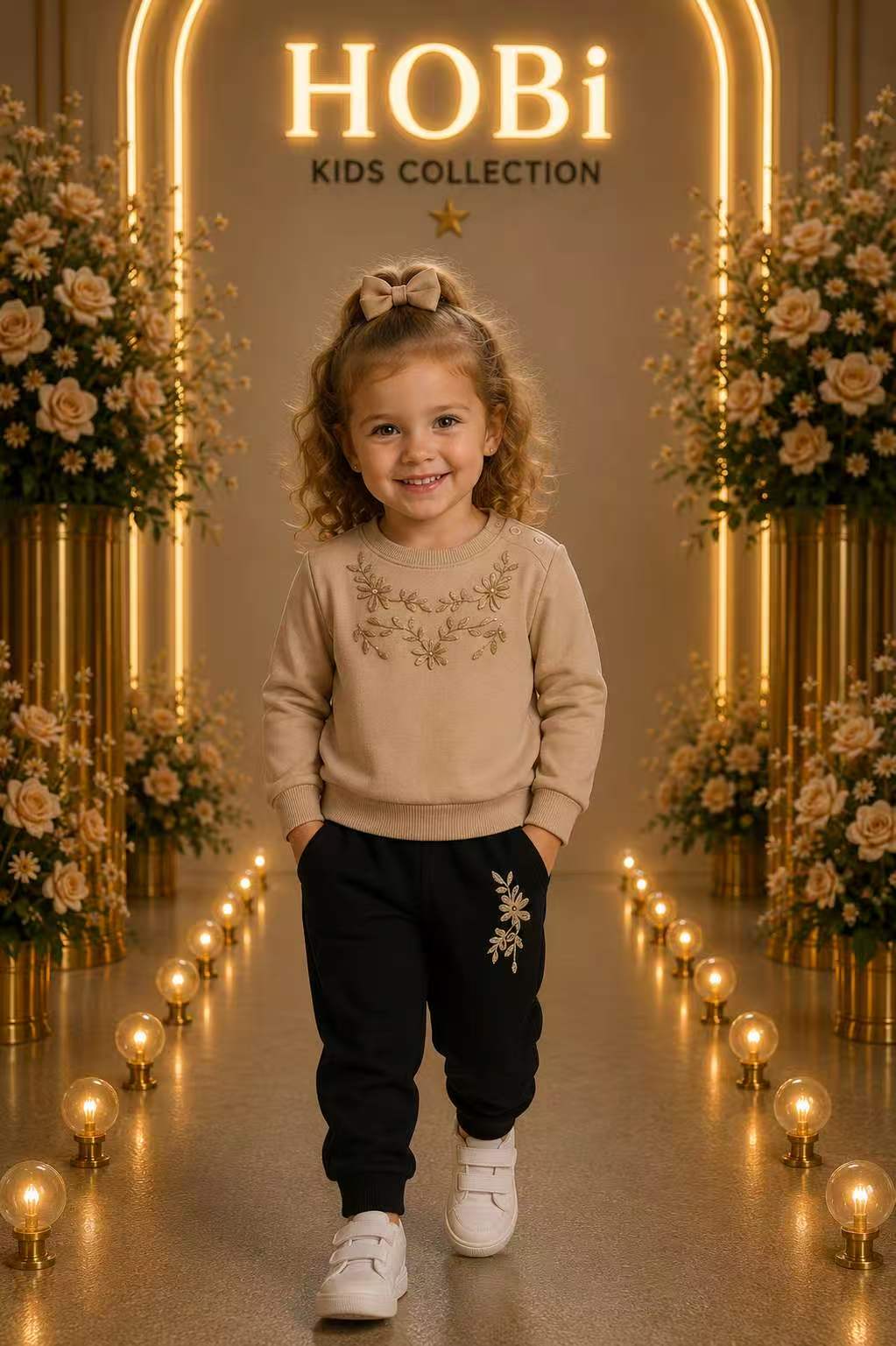 Girls' Beige Bow Graphic Sweatshirt & Jogger Set