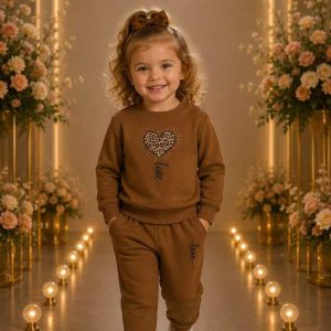 Girls' Brown Heart Graphic Sweatshirt & Jogger Set