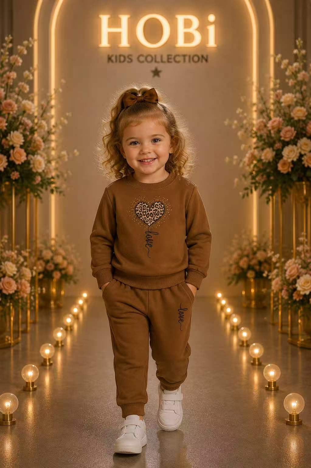 Girls' Brown Heart Graphic Sweatshirt & Jogger Set