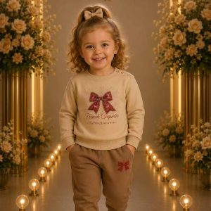 Girls' Beige Bow Accent Sweatshirt & Jogger Set