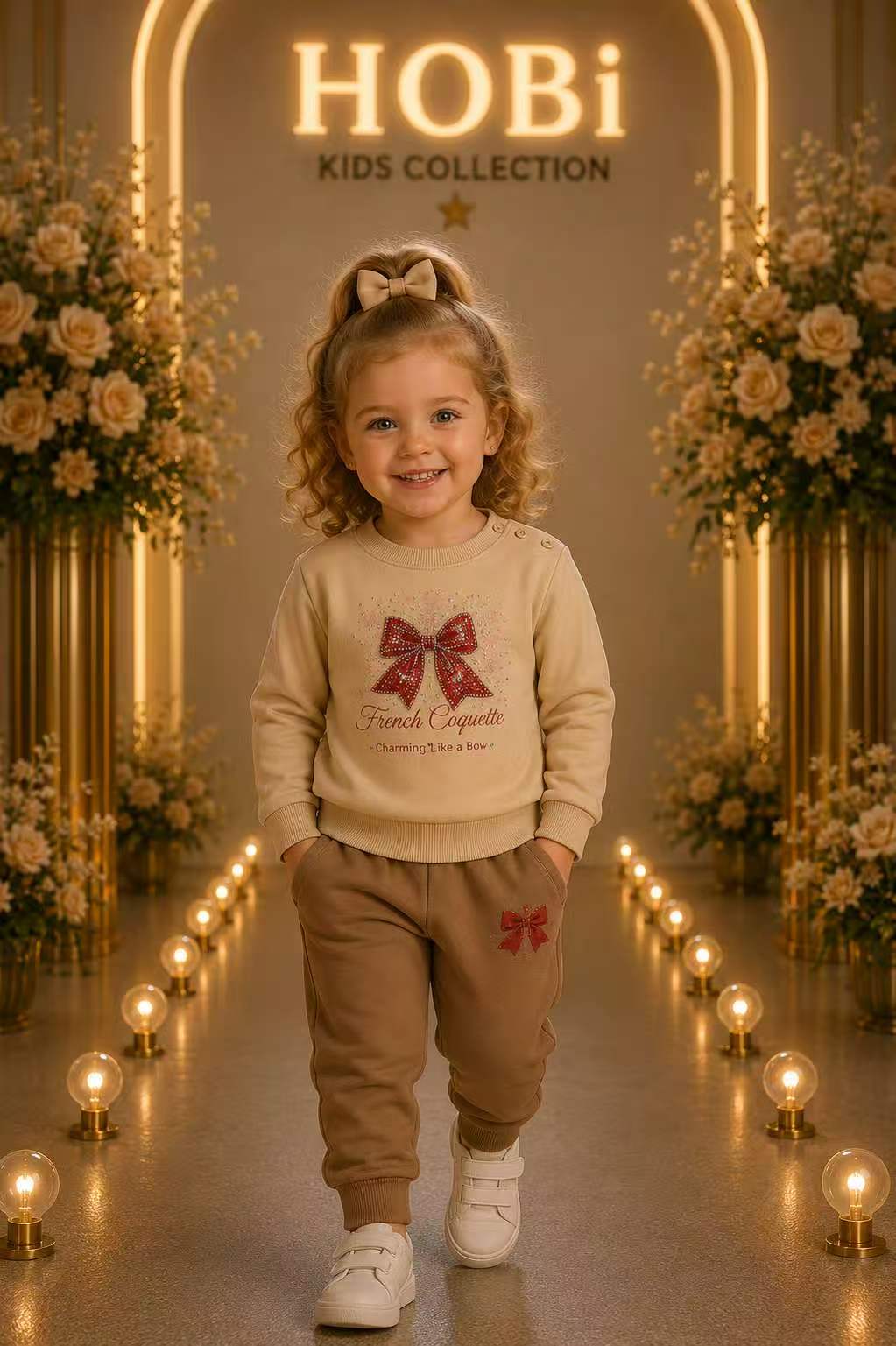 Girls' Beige Bow Accent Sweatshirt & Jogger Set