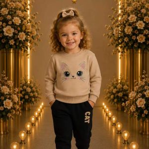 Girls' Beige Cat Graphic Sweatshirt & Jogger Set